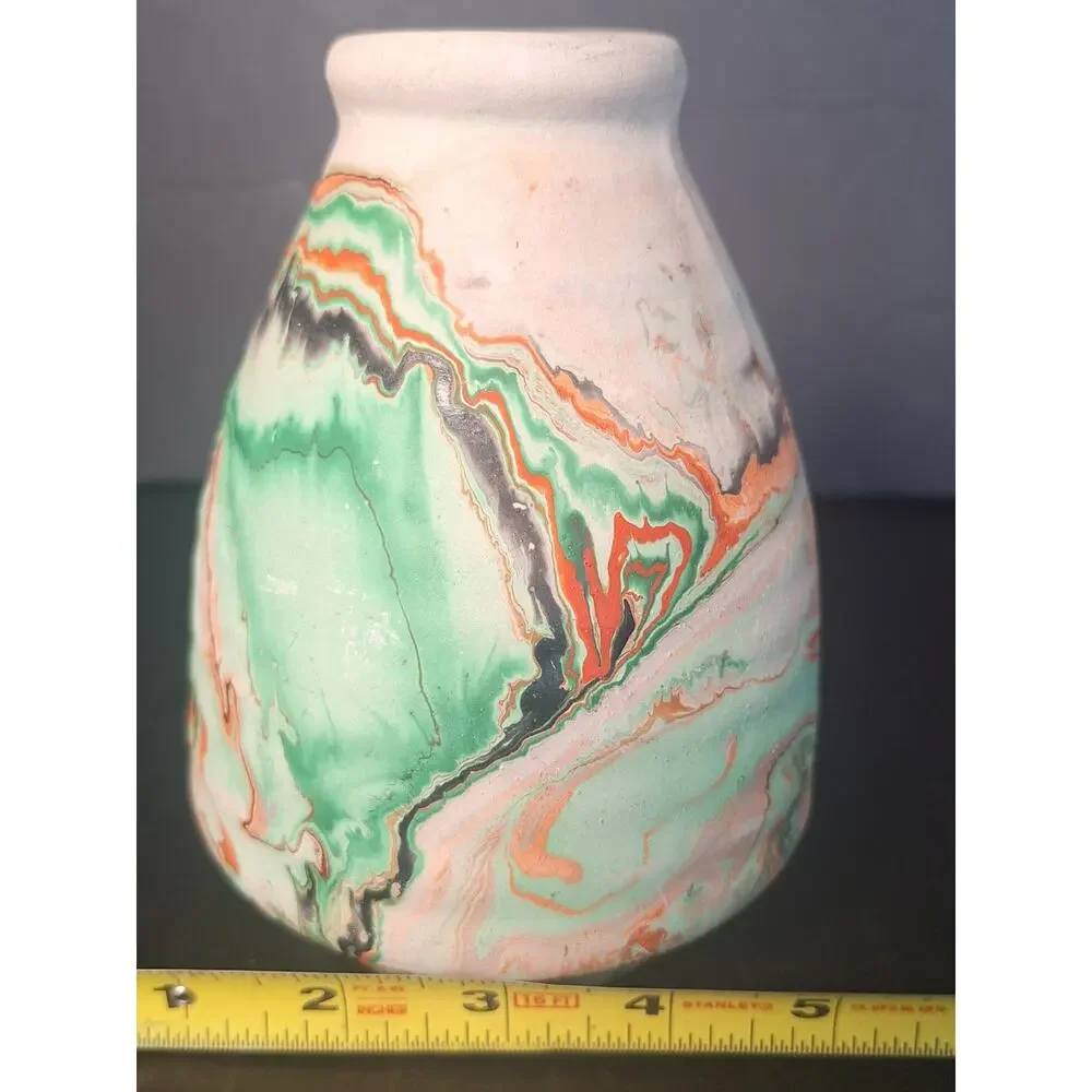 Nemadji Pottery Swirl Vase USA Green Orange Marbleware Mission Drip Art Pottery